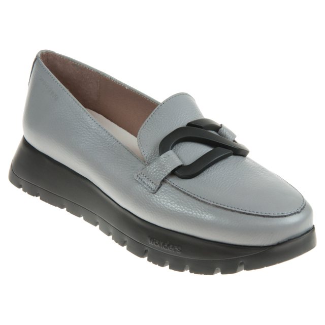 Mocassin Wonders Silver Bone – Cuir Argenté, Semelle Wedge Légère, Détails Strass | Chaussure Femme été