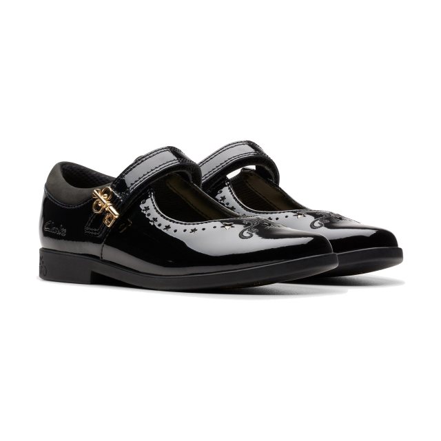 Clarks Lock Magic K. Black Patent 26176490 Girls School Shoes Humphries Shoes