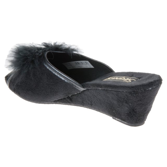 LADIES SLEEPERS ANNE FEATHER BOA FLUFFY BLACK WEDGE MULE SLIPPERS LS857A KD