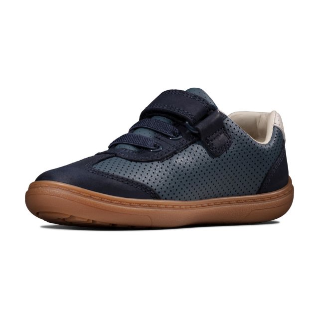 Clarks Flash Step Kids Navy Combi Leather Boys Rip Tape/Bungee Lace Shoes 