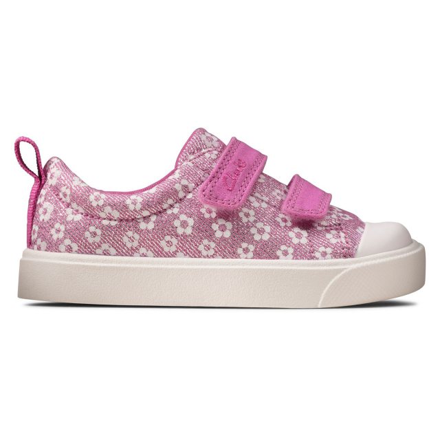 Clarks City Bright Toddler Pink Floral Canvas Childrens Rip Tape Casual Shoes
